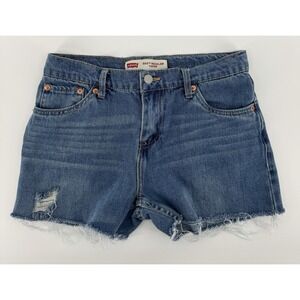 Levi's 502 Women's High Rise Cut Off Blue Denim Shorts Distressed Size 27W